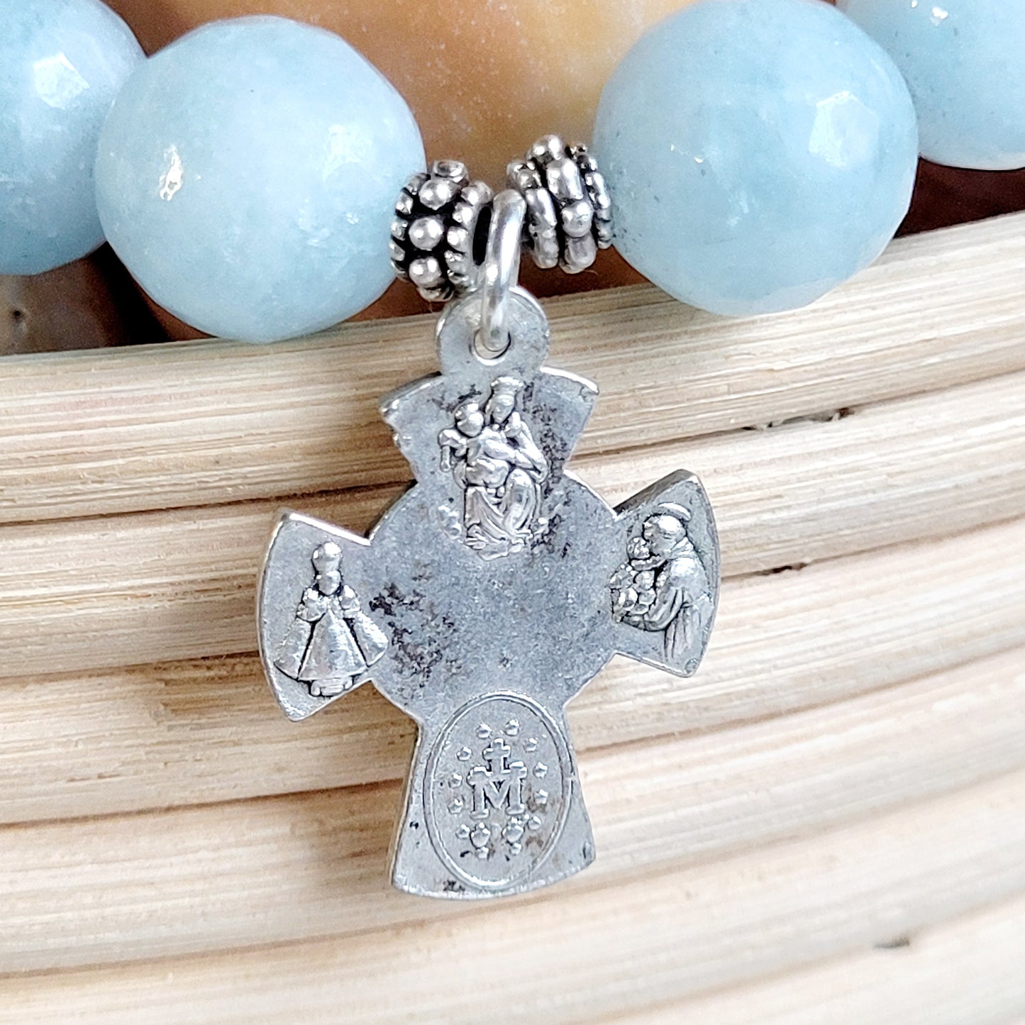 Aquamarine Faceted 12mm Beaded Bracelet w/ Heavy Silver Four Way Cross