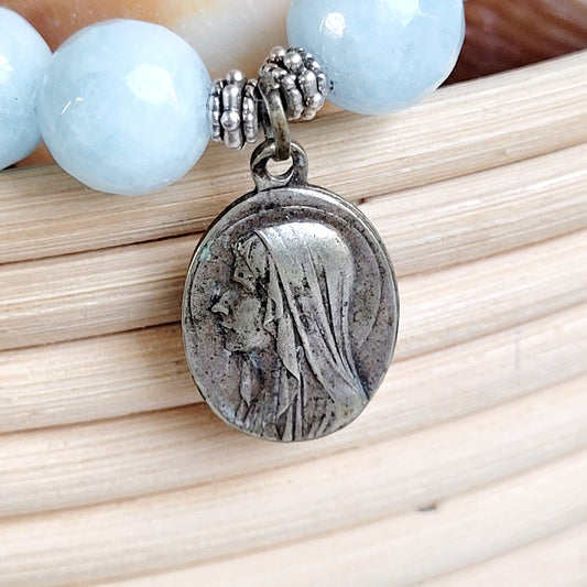 Aquamarine Faceted 12mm Beaded Bracelet w/ Silver Our Lady of Lourdes Medal