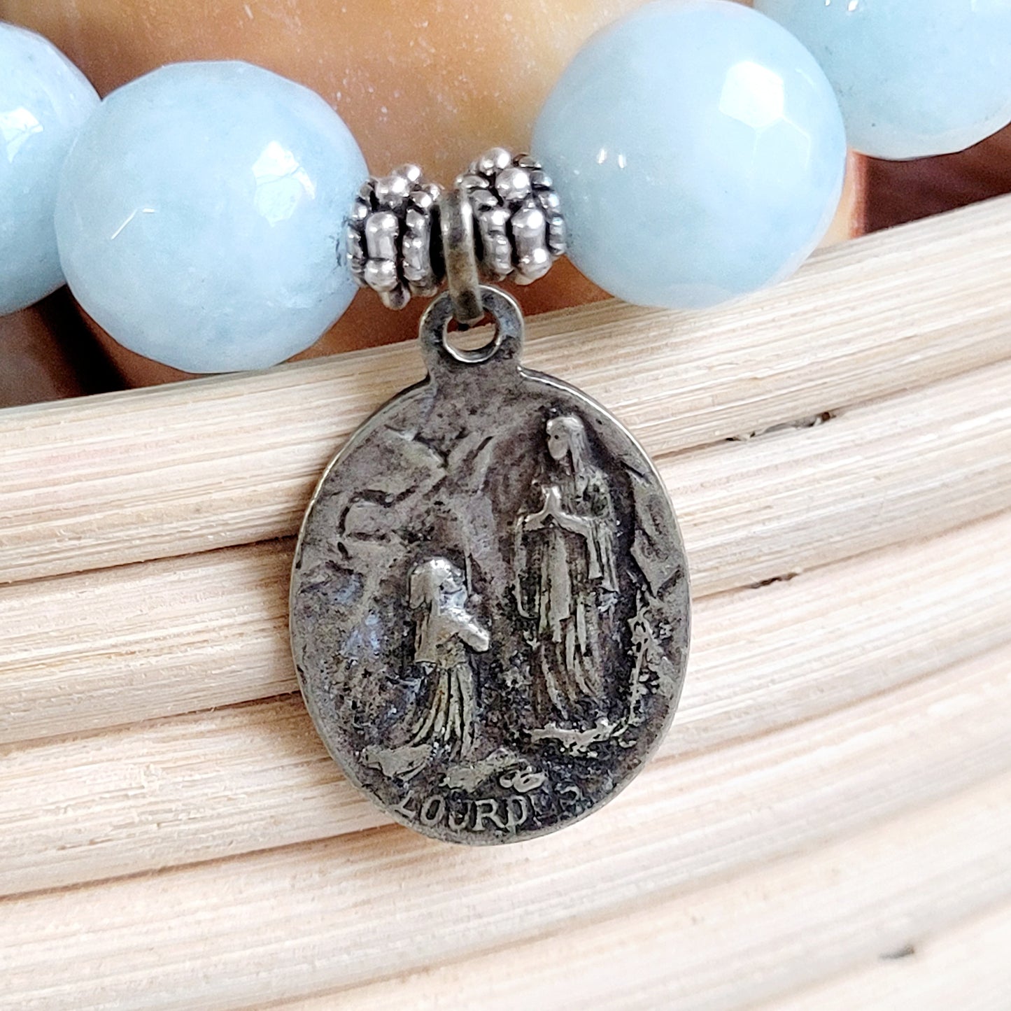 Aquamarine Faceted 12mm Beaded Bracelet w/ Silver Our Lady of Lourdes Medal