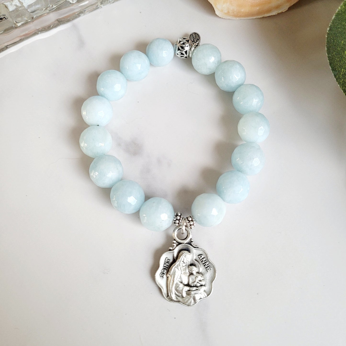 Aquamarine Faceted 12mm Beaded Bracelet w/Signed Silver Medal of St. Anne