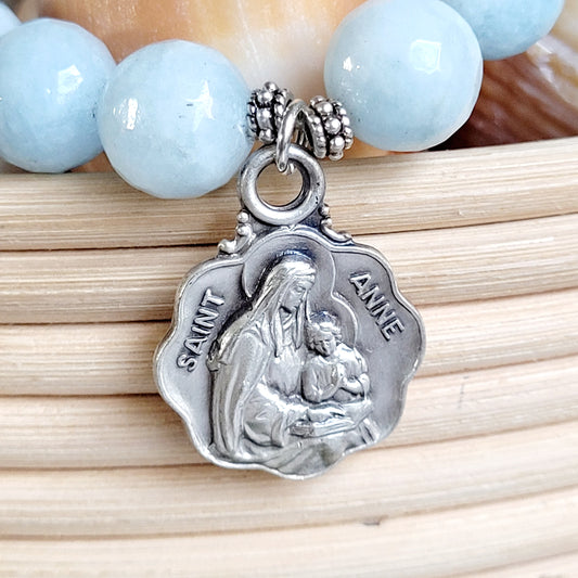 Aquamarine Faceted 12mm Beaded Bracelet w/Signed Silver Medal of St. Anne