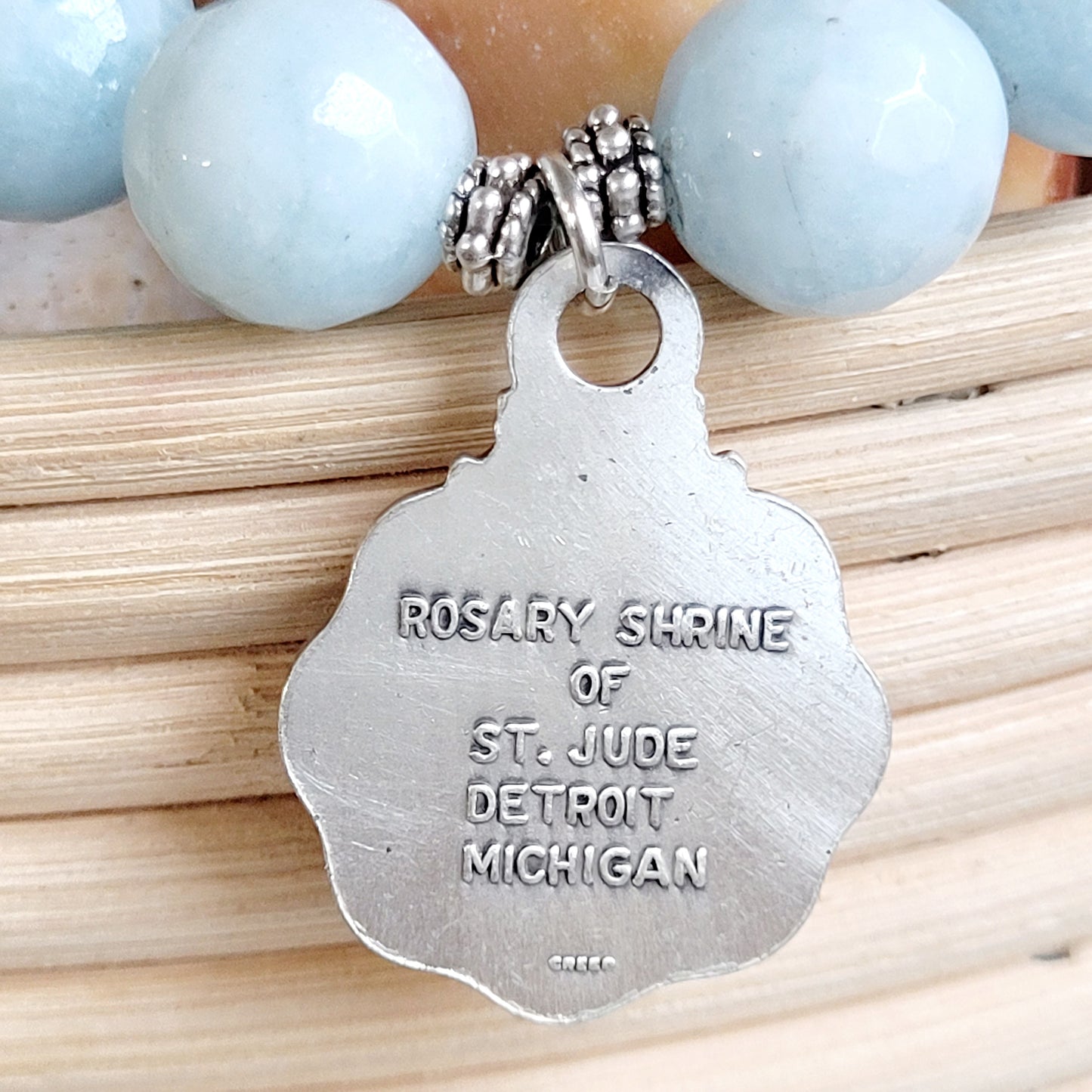 Aquamarine Faceted 12mm Beaded Bracelet w/Signed Silver Medal of St. Anne