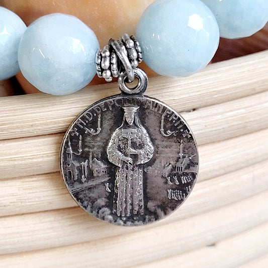 Aquamarine Faceted 12mm Beaded Bracelet w/ Notre Dame de Pontmain Medal