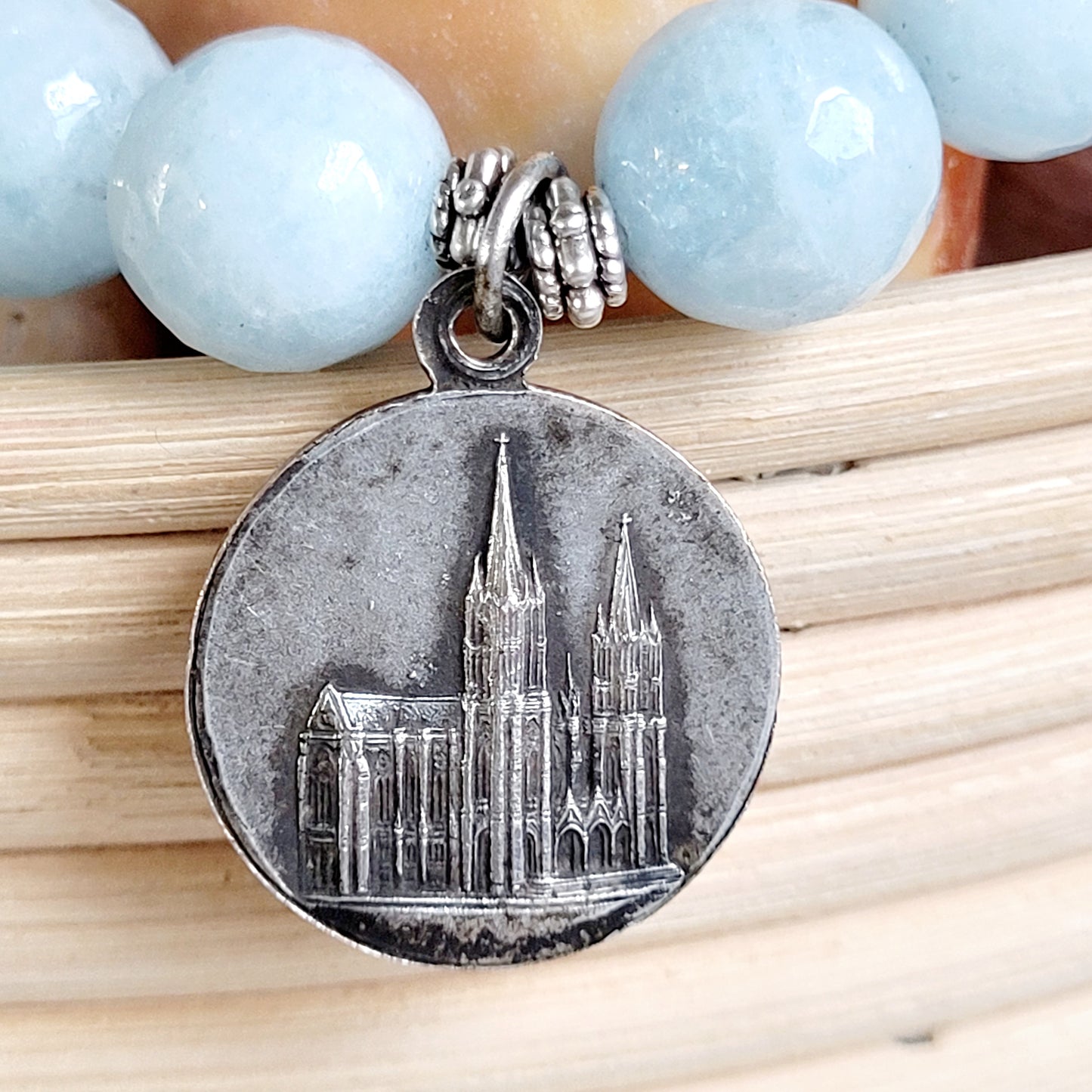 Aquamarine Faceted 12mm Beaded Bracelet w/ Notre Dame de Pontmain