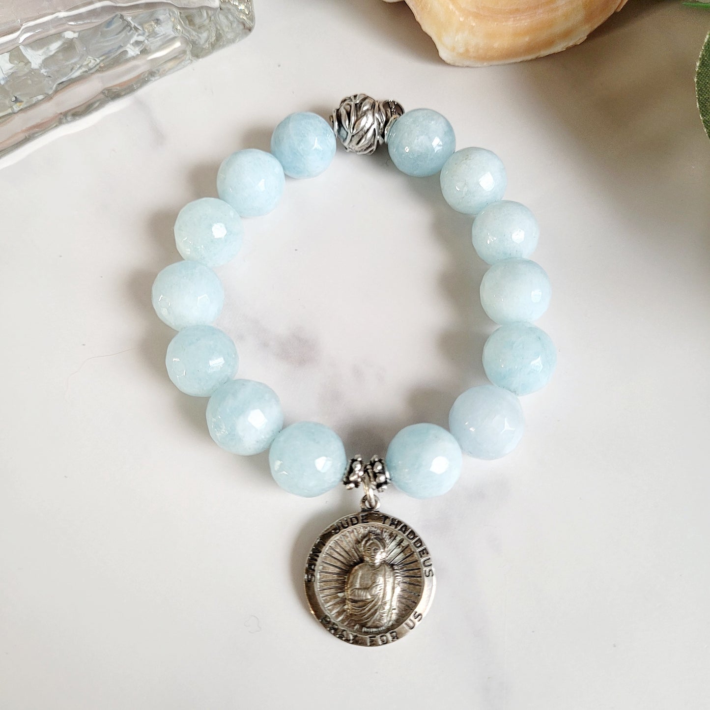 Aquamarine Faceted 12mm Beaded Bracelet w/ Large Sterling Silver Signed Medal of St. Jude Thaddeus