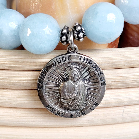 Aquamarine Faceted 12mm Beaded Bracelet w/ Large Sterling Silver Signed Medal of St. Jude Thaddeus