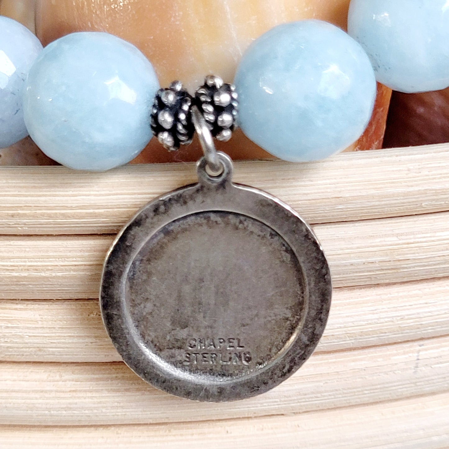 Aquamarine Faceted 12mm Beaded Bracelet w/ Large Sterling Silver Signed Medal of St. Jude Thaddeus