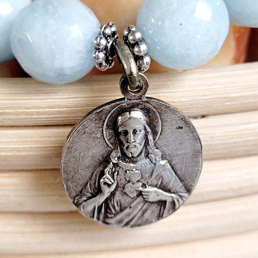 Aquamarine Faceted 12mm Beaded Bracelet w/ Silver Signed Medal of The Sacred Heart of Jesus