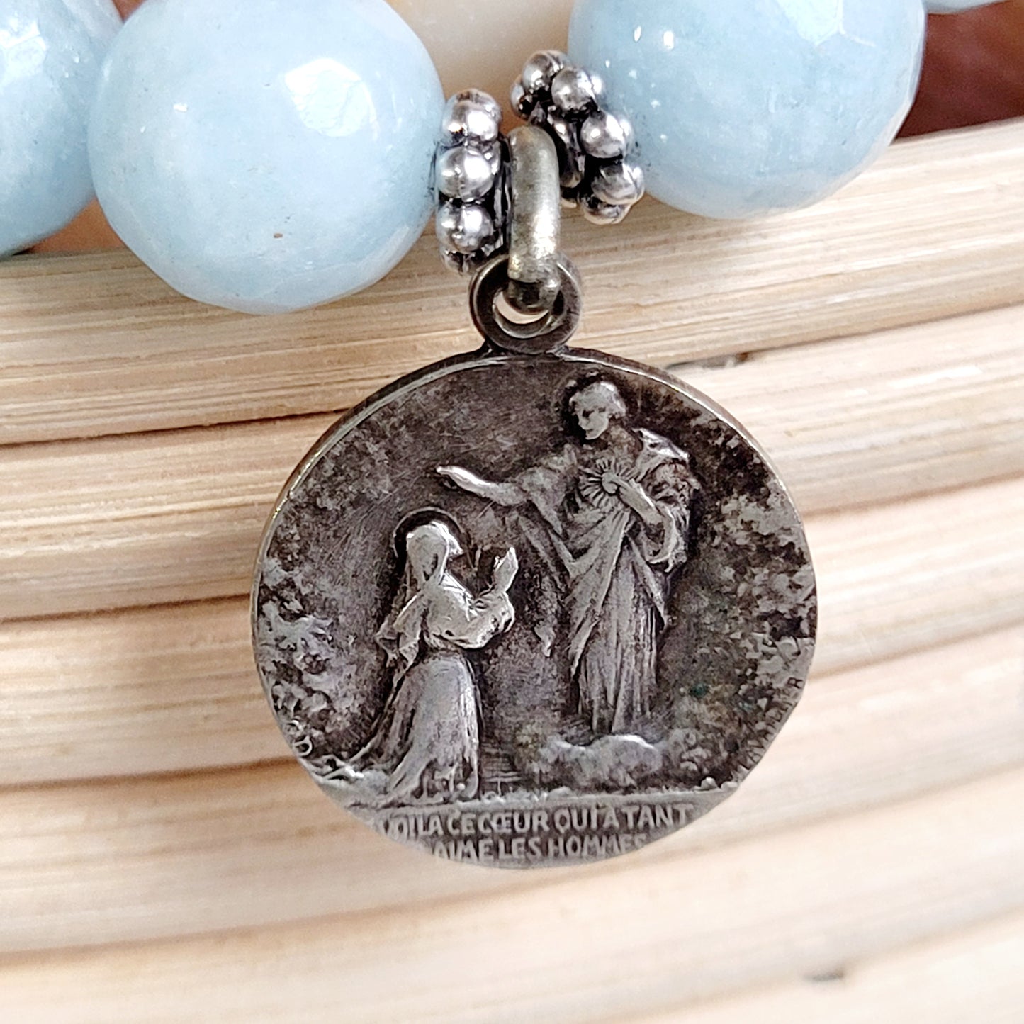 Aquamarine Faceted 12mm Beaded Bracelet w/ Silver Signed Medal of The Sacred Heart of Jesus