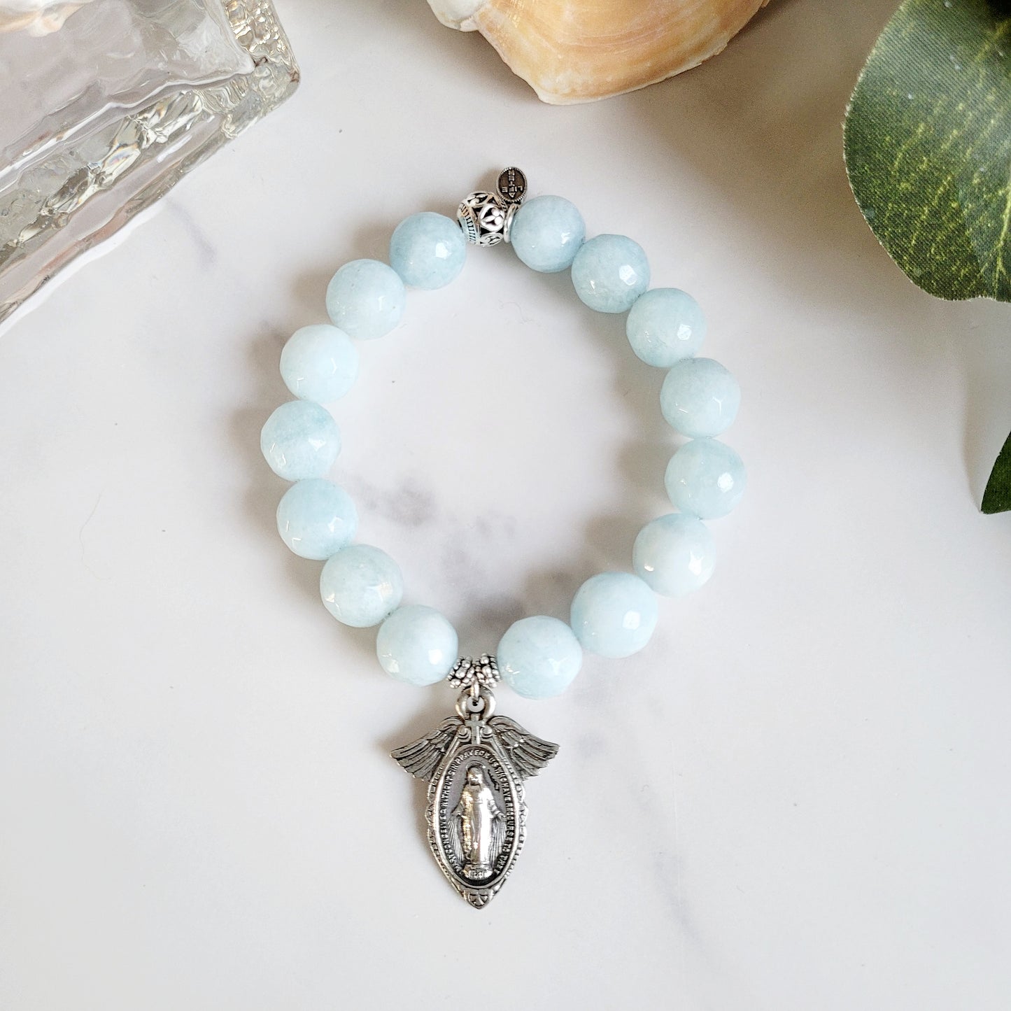 Aquamarine Faceted 12mm Beaded Bracelet w/ Vintage Silver Miraculous Medal with Wings