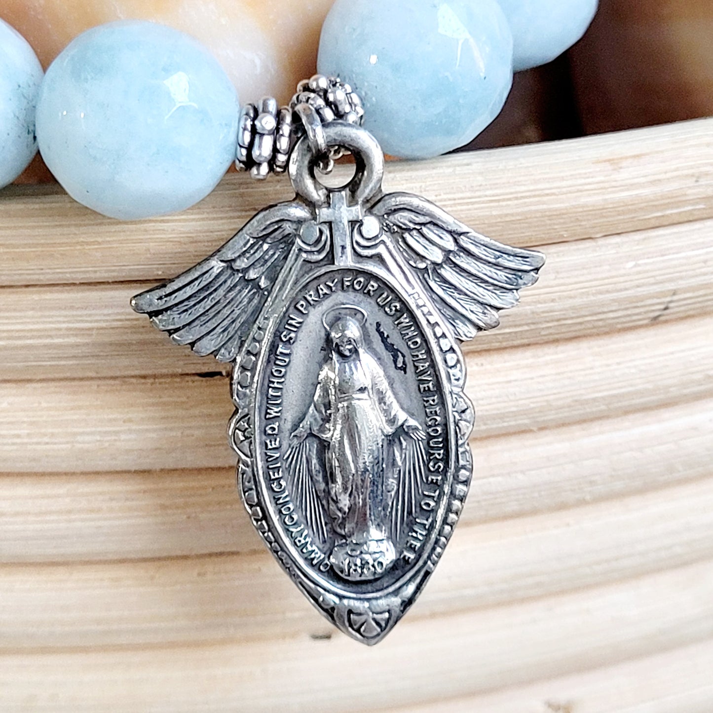 Aquamarine Faceted 12mm Beaded Bracelet w/ Vintage Silver Miraculous Medal with Wings