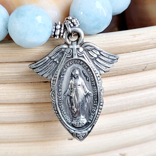 Aquamarine Faceted 12mm Beaded Bracelet w/ Vintage Silver Miraculous Medal with Wings