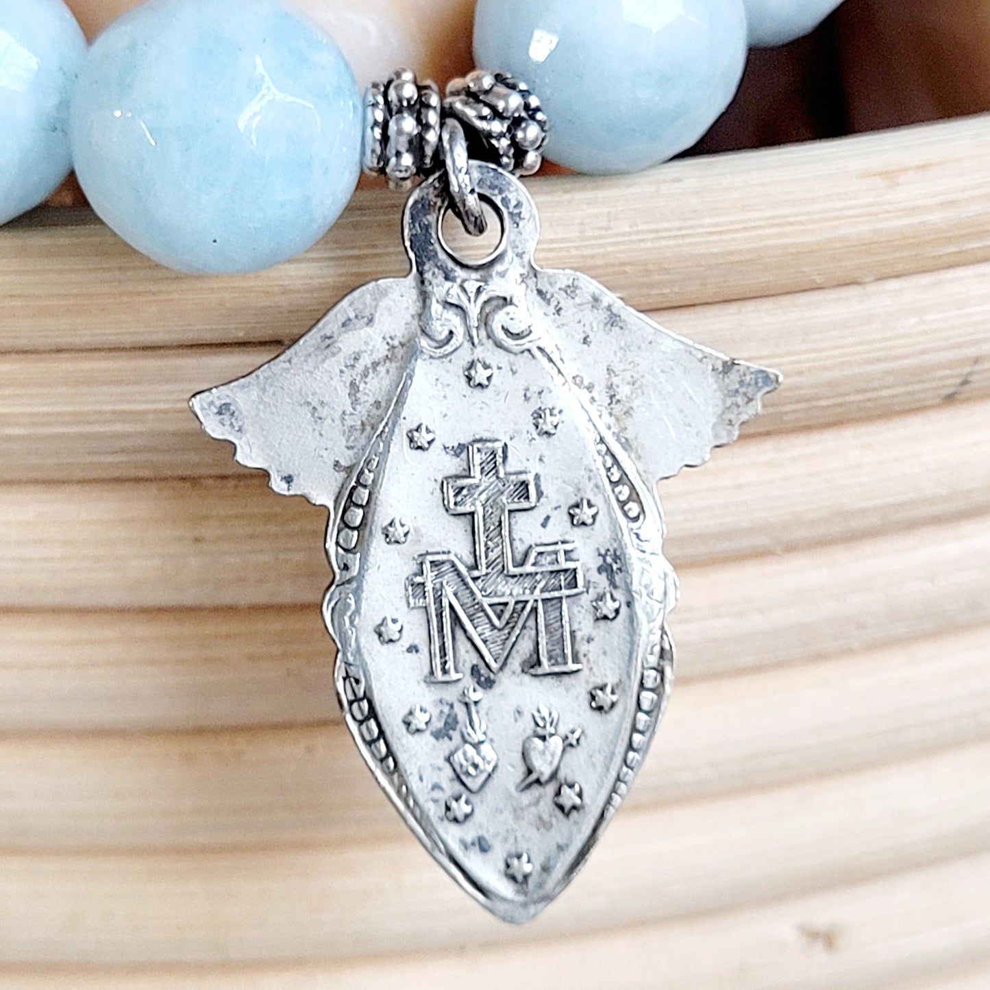 Aquamarine Faceted 12mm Beaded Bracelet w/ Vintage Silver Miraculous Medal with Wings