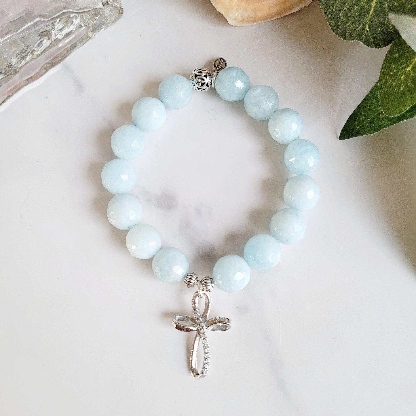 Aquamarine Faceted 12mm Beaded Bracelet w/ Sterling Silver Cross with Rhinestones