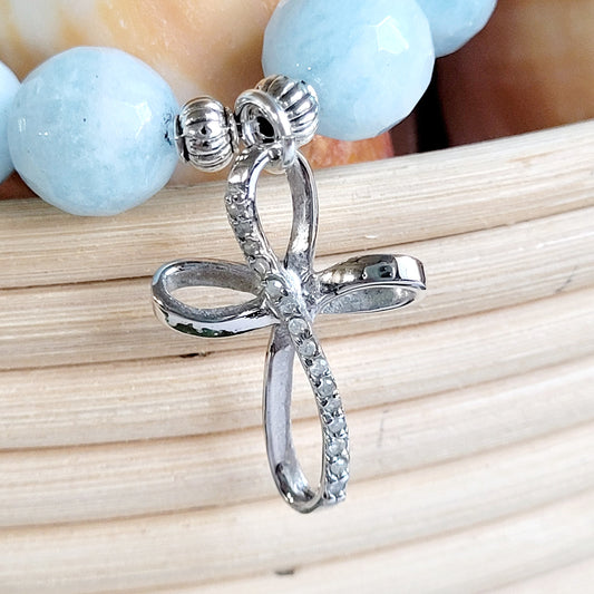 Aquamarine Faceted 12mm Beaded Bracelet w/ Sterling Silver Cross with Rhinestones
