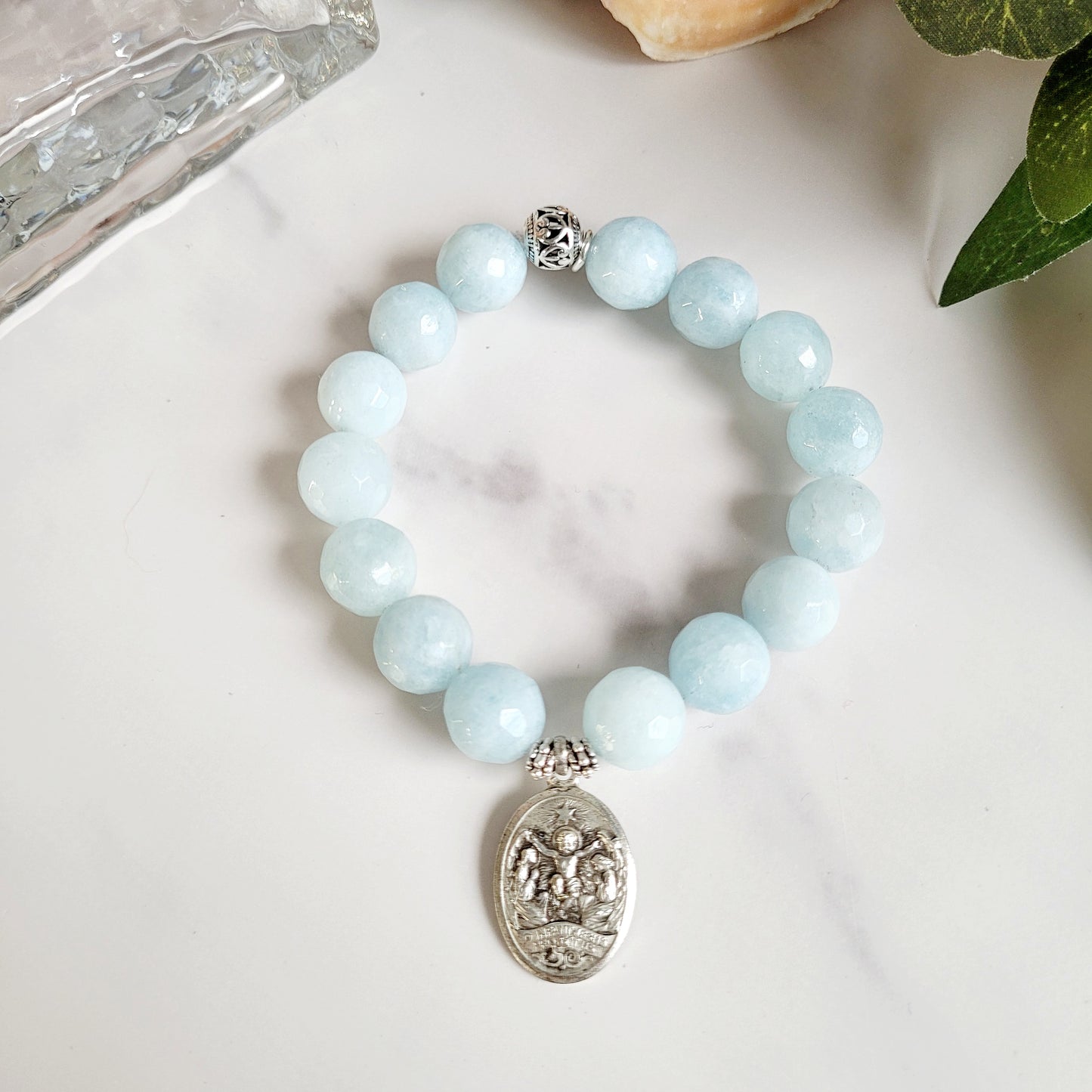 Aquamarine Faceted 12mm Beaded Bracelet w/ Infant Jesus Protect Us