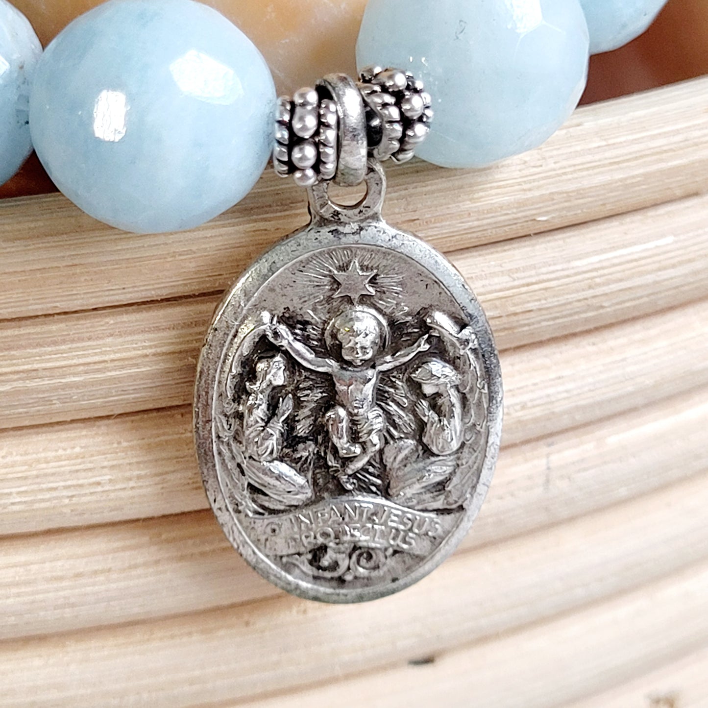 Aquamarine Faceted 12mm Beaded Bracelet w/ Infant Jesus Protect Us