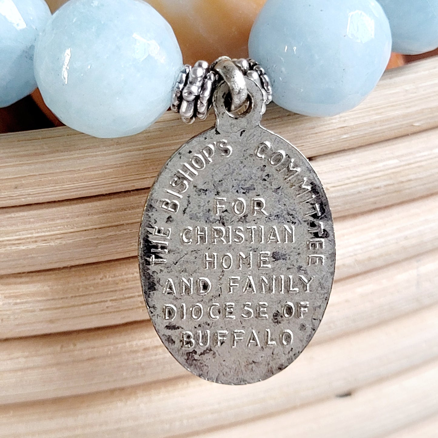 Aquamarine Faceted 12mm Beaded Bracelet w/ Infant Jesus Protect Us