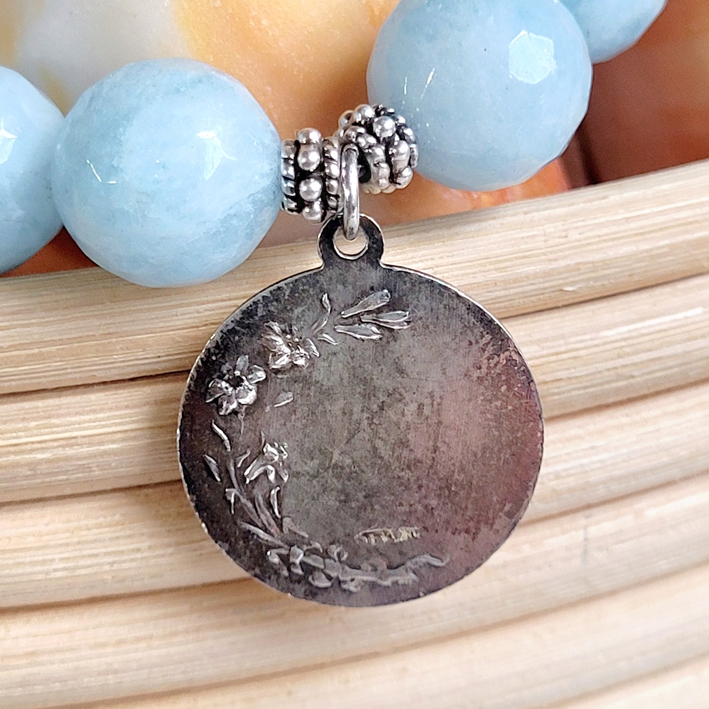 Aquamarine Faceted 12mm Beaded Bracelet w/ Sterling Silver Medal of St. Joseph holding the Child Jesus