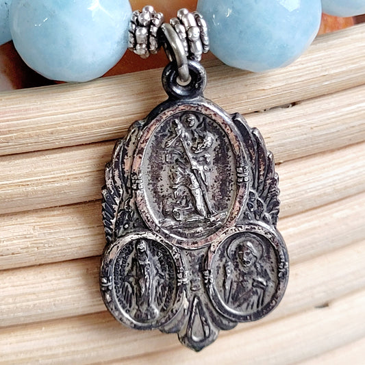 Aquamarine Faceted 12mm Beaded Bracelet w/ Large Sterling Silver St. Christopher Medal