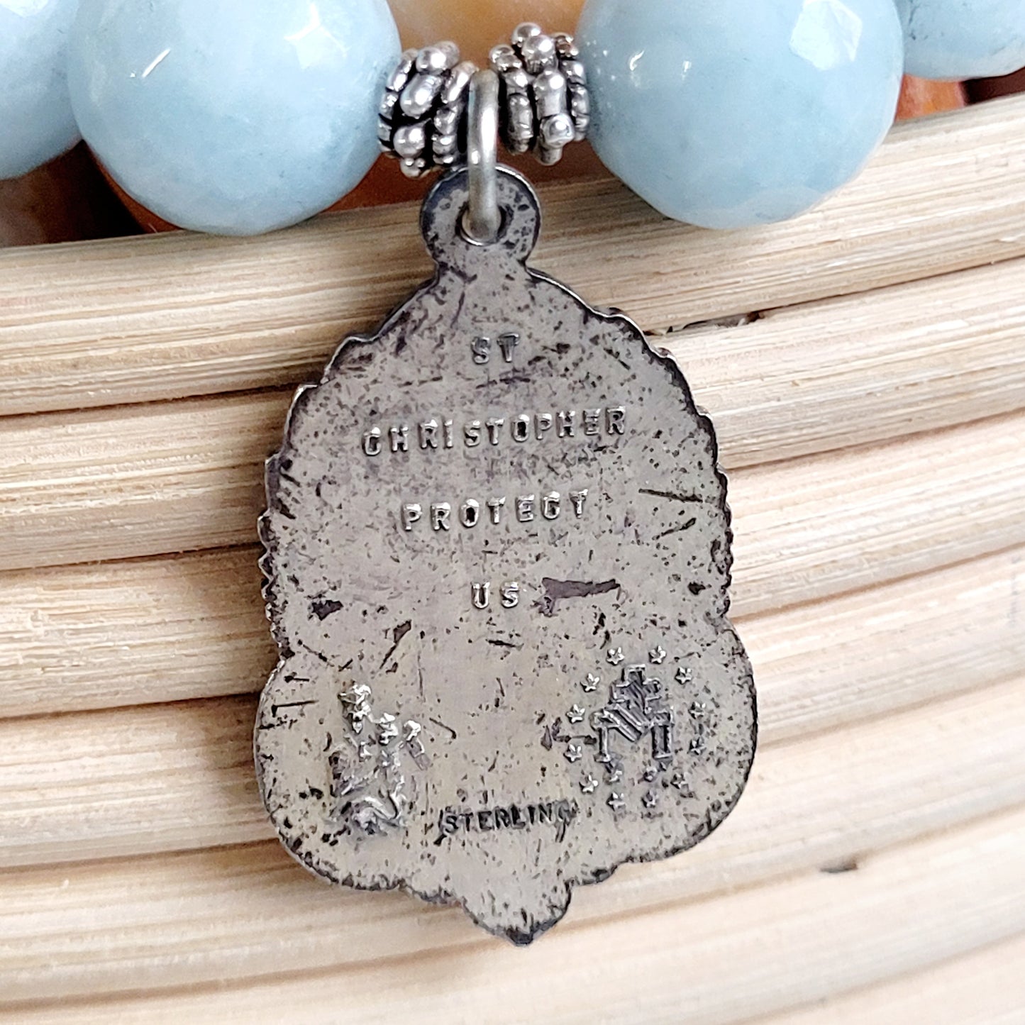 Aquamarine Faceted 12mm Beaded Bracelet w/ Large Sterling Silver St. Christopher Medal