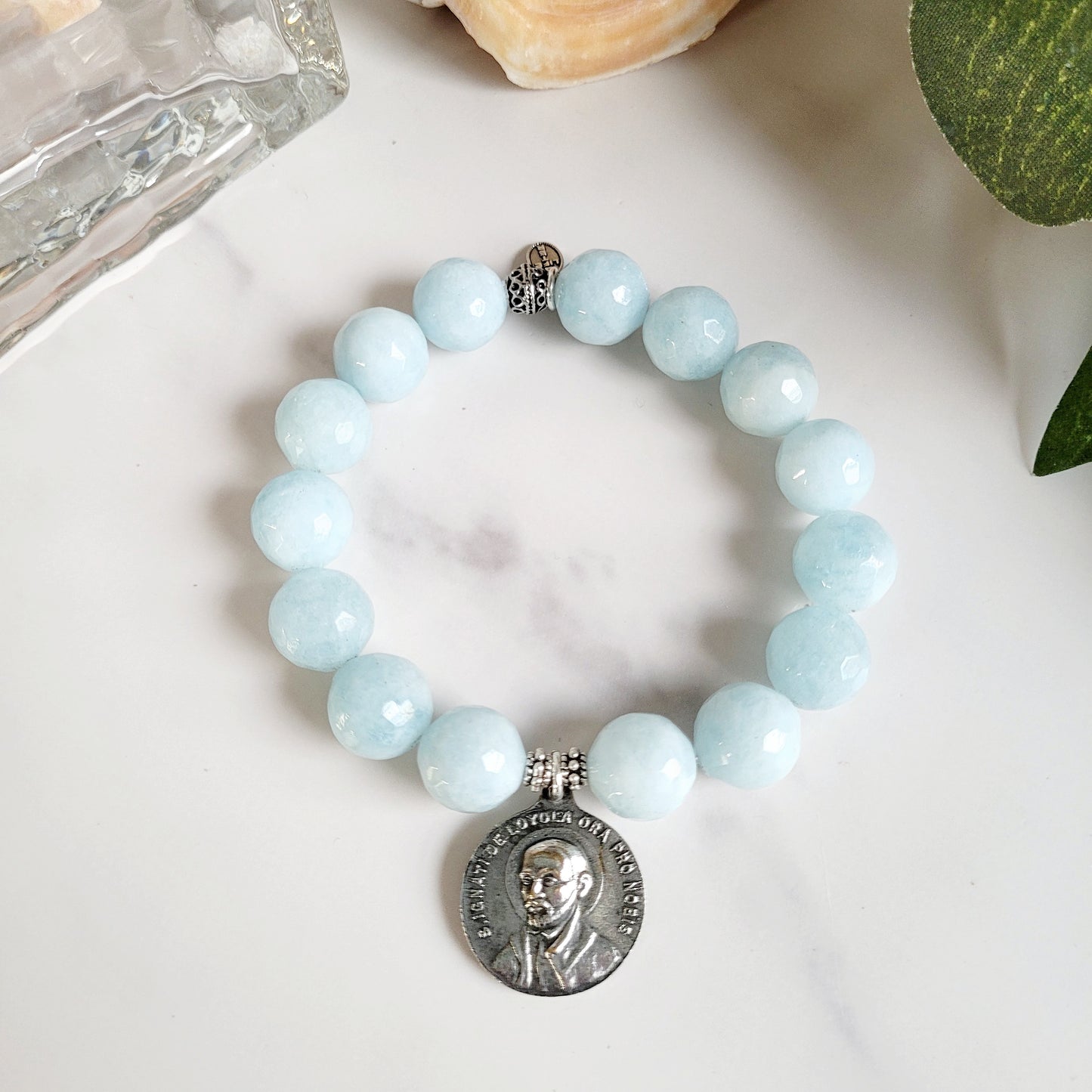 Aquamarine Faceted 12mm Beaded Bracelet w/ Silver Medal of St. Ignatius of Loyola