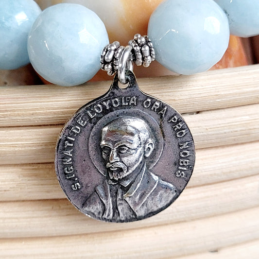 Aquamarine Faceted 12mm Beaded Bracelet w/ Silver Medal of St. Ignatius of Loyola