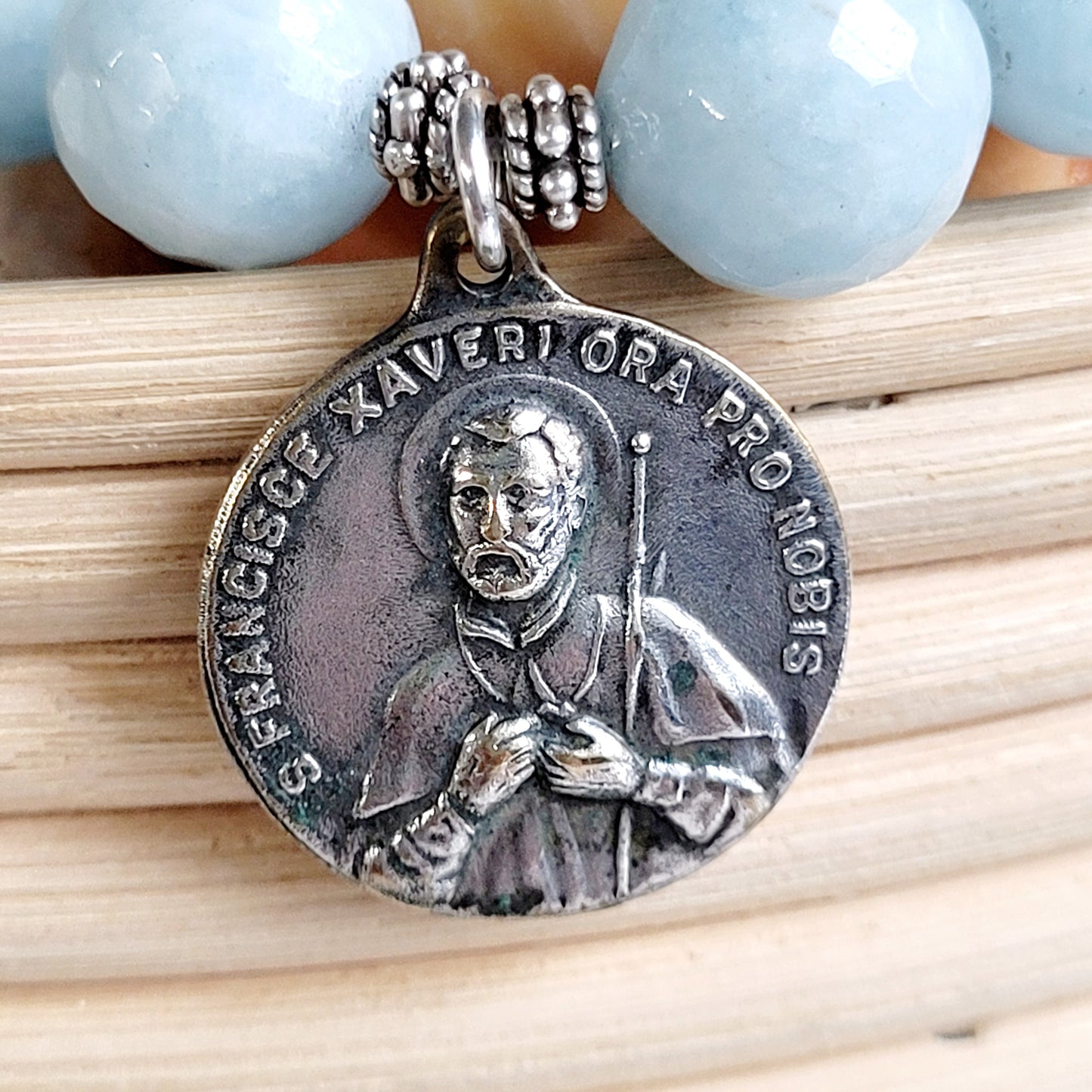 Aquamarine Faceted 12mm Beaded Bracelet w/ Silver Medal of St. Ignatius of Loyola