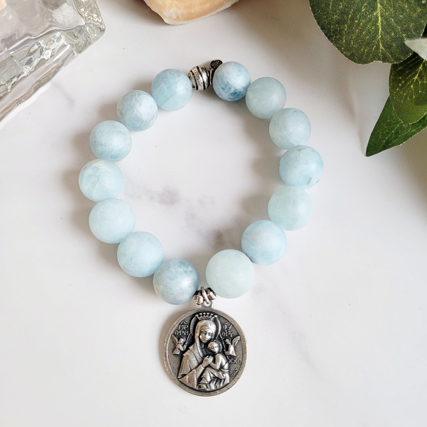 Aquamarine Matte 16mm Beaded Bracelet w/ Large Signed Silver Medal of Our Lady of Perpetual Help