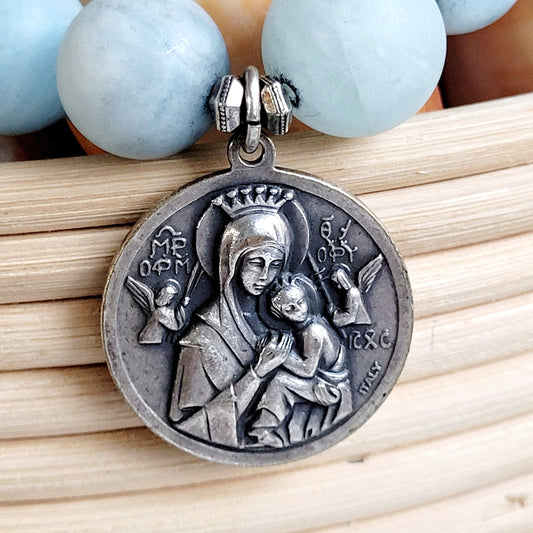 Aquamarine Matte 16mm Beaded Bracelet w/ Large Signed Silver Medal of Our Lady of Perpetual Help