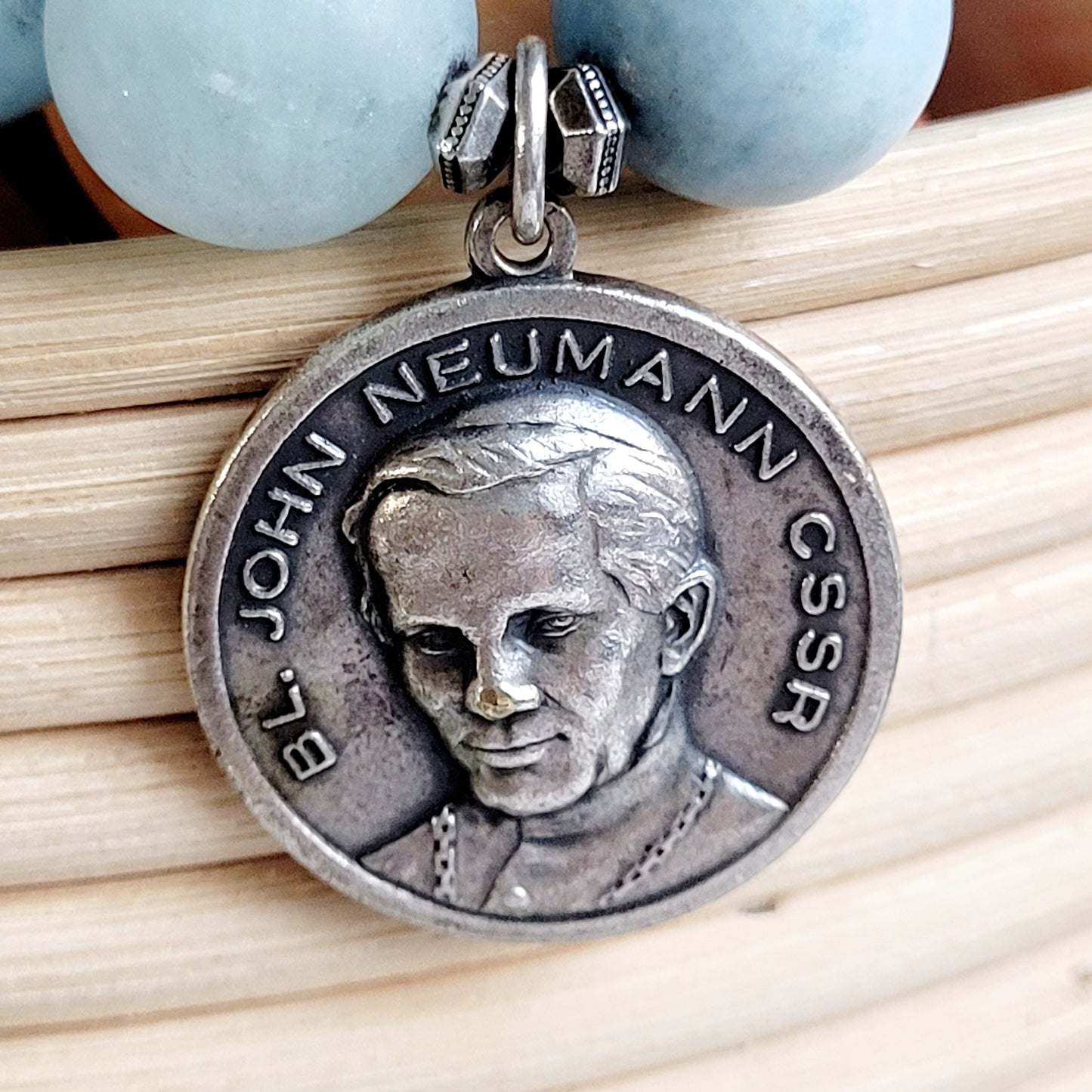 Aquamarine Matte 16mm Beaded Bracelet w/ Large Signed Silver Medal of Our Lady of Perpetual Help