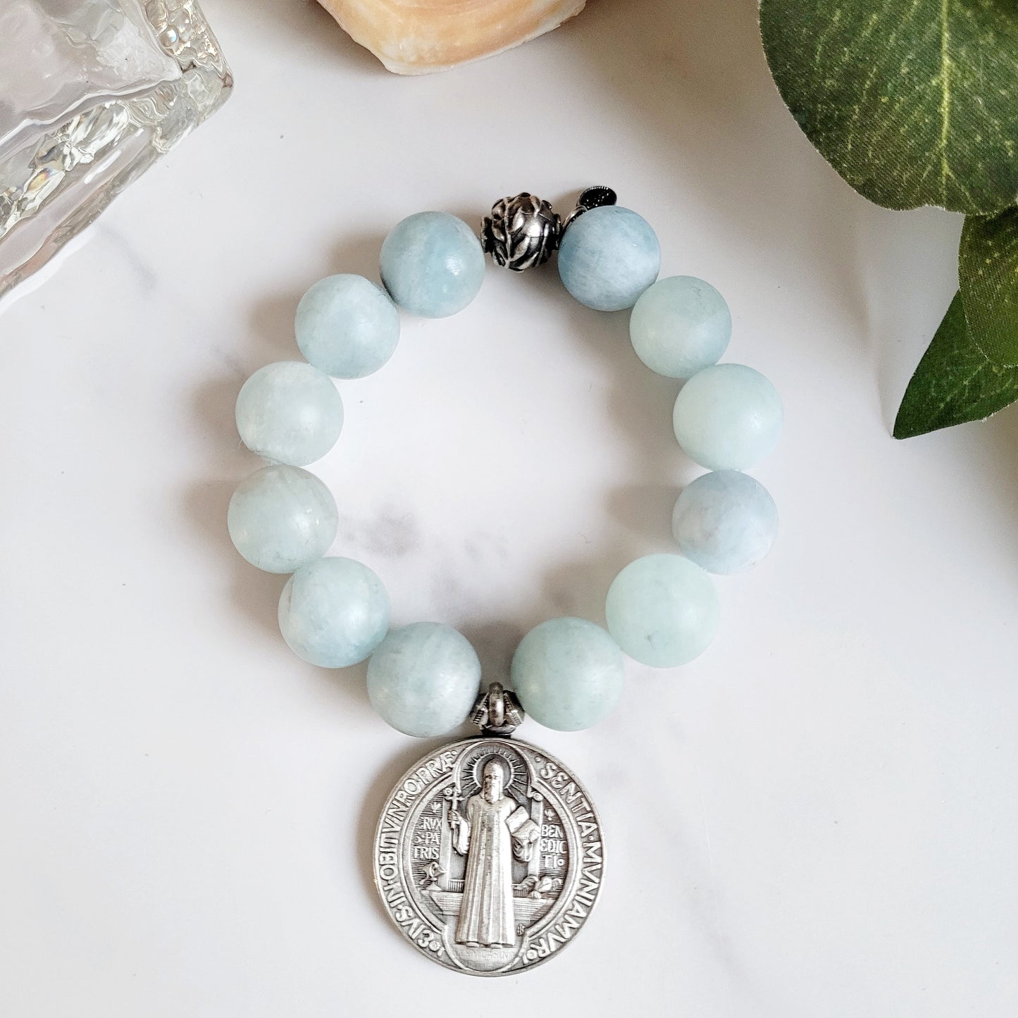 Aquamarine Matte 16mm Beaded Bracelet w/ Signed Heavy Silver Medal of St. Benedict