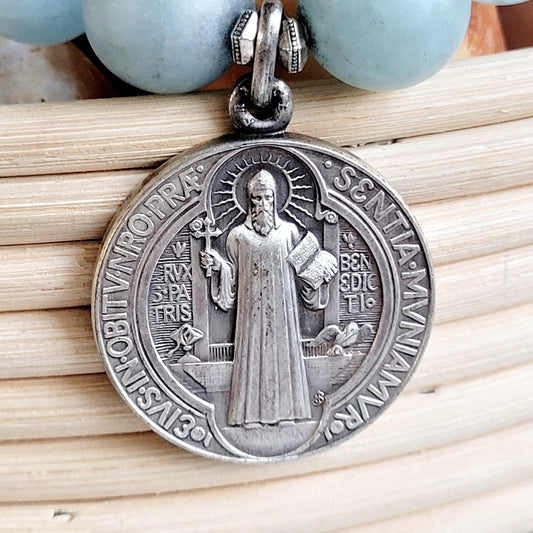 Aquamarine Matte 16mm Beaded Bracelet w/ Signed Heavy Silver Medal of St. Benedict