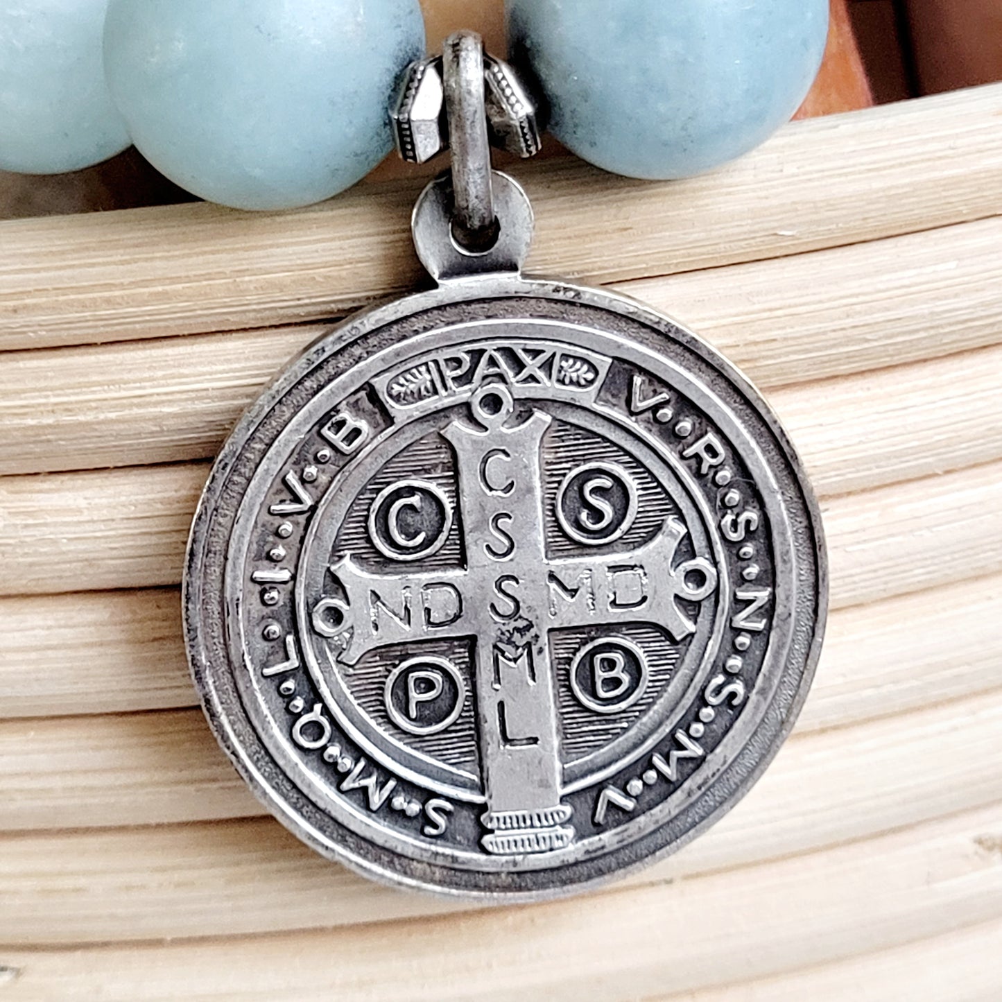 Aquamarine Matte 16mm Beaded Bracelet w/ Signed Heavy Silver Medal of St. Benedict