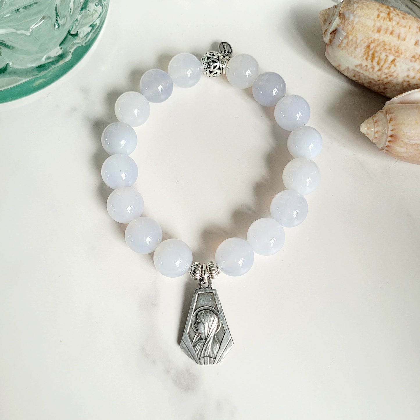 Moonstone Light Blue 12mm Beaded Bracelet w/ Signed Silver Art Deco Medal of Our Lady of Lourdes