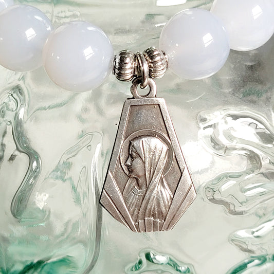 Moonstone Light Blue 12mm Beaded Bracelet w/ Signed Silver Art Deco Medal of Our Lady of Lourdes