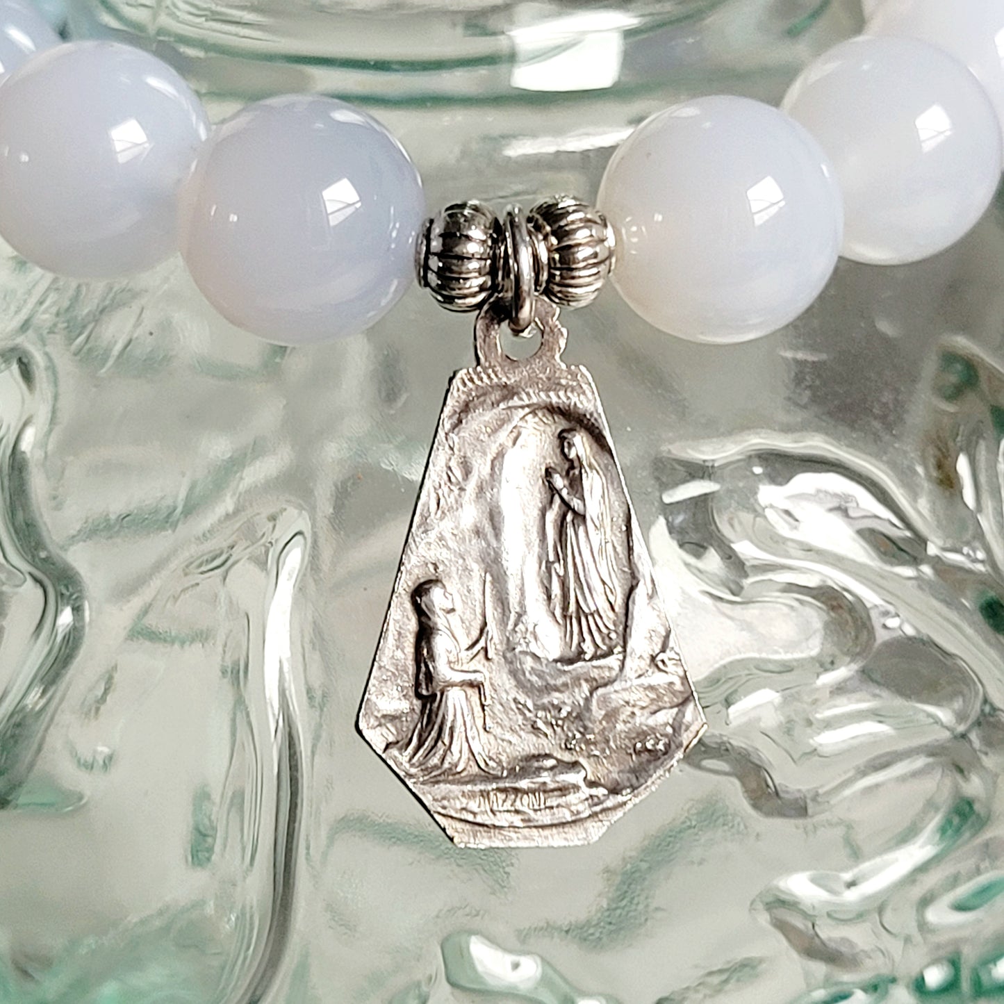 Moonstone Light Blue 12mm Beaded Bracelet w/ Signed Silver Art Deco Medal of Our Lady of Lourdes