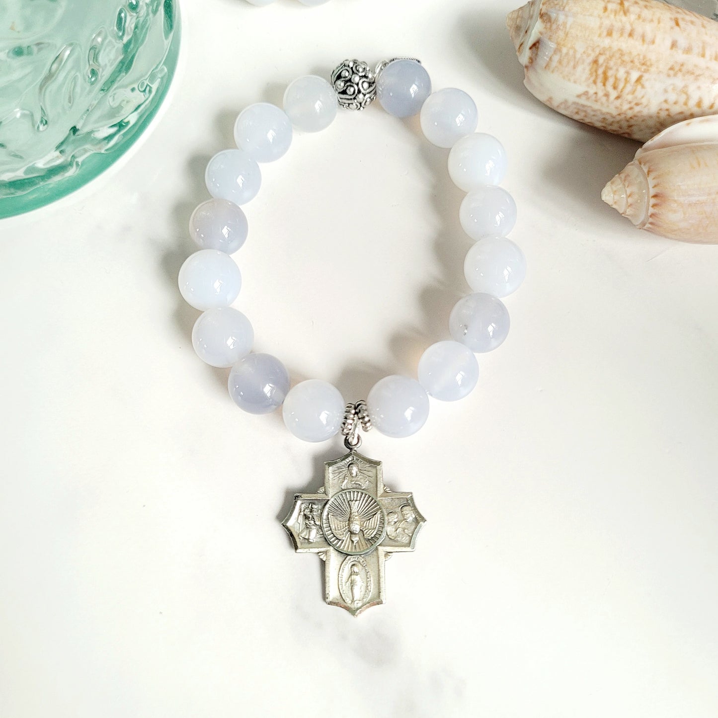 Moonstone Light Blue 12mm Beaded Bracelet w/ Signed Sterling Silver Four Way Cross