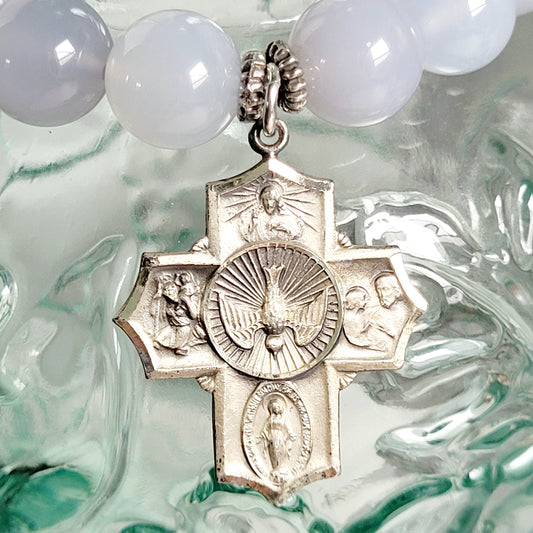 Moonstone Light Blue 12mm Beaded Bracelet w/ Signed Sterling Silver Four Way Cross