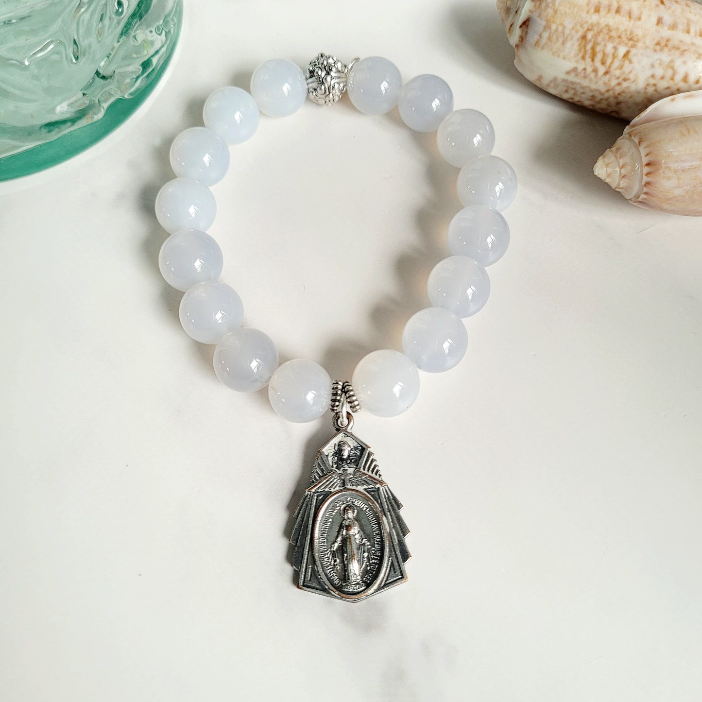 Moonstone Light Blue 12mm Beaded Bracelet w/Art Deco Silver Miraculous Medal