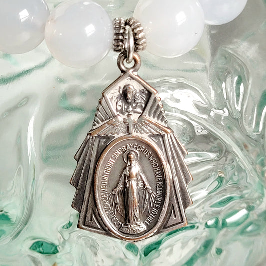 Moonstone Light Blue 12mm Beaded Bracelet w/Art Deco Silver Miraculous Medal