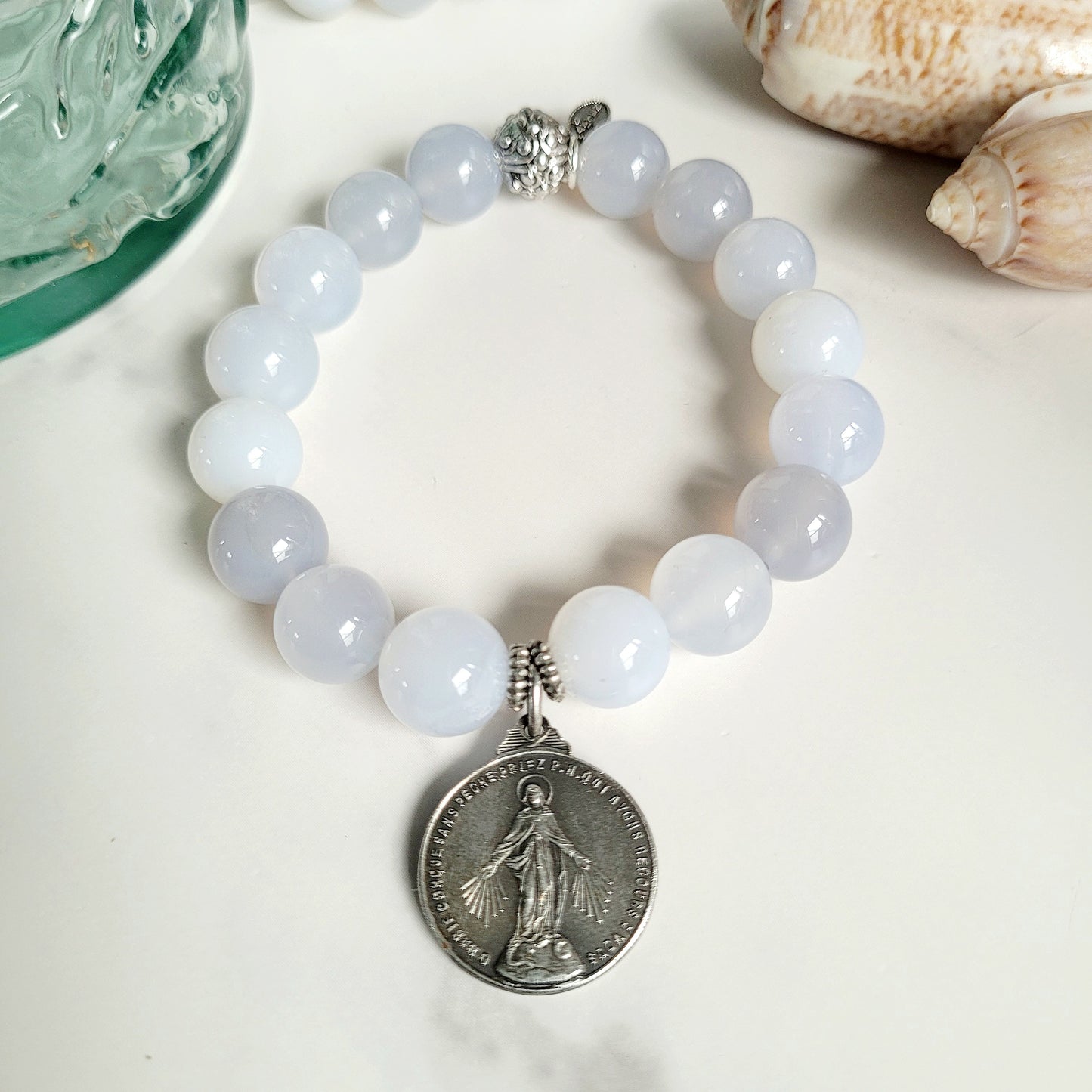 Moonstone Light Blue 12mm Beaded Bracelet w/ Large Silver Miraculous Medal of Mary