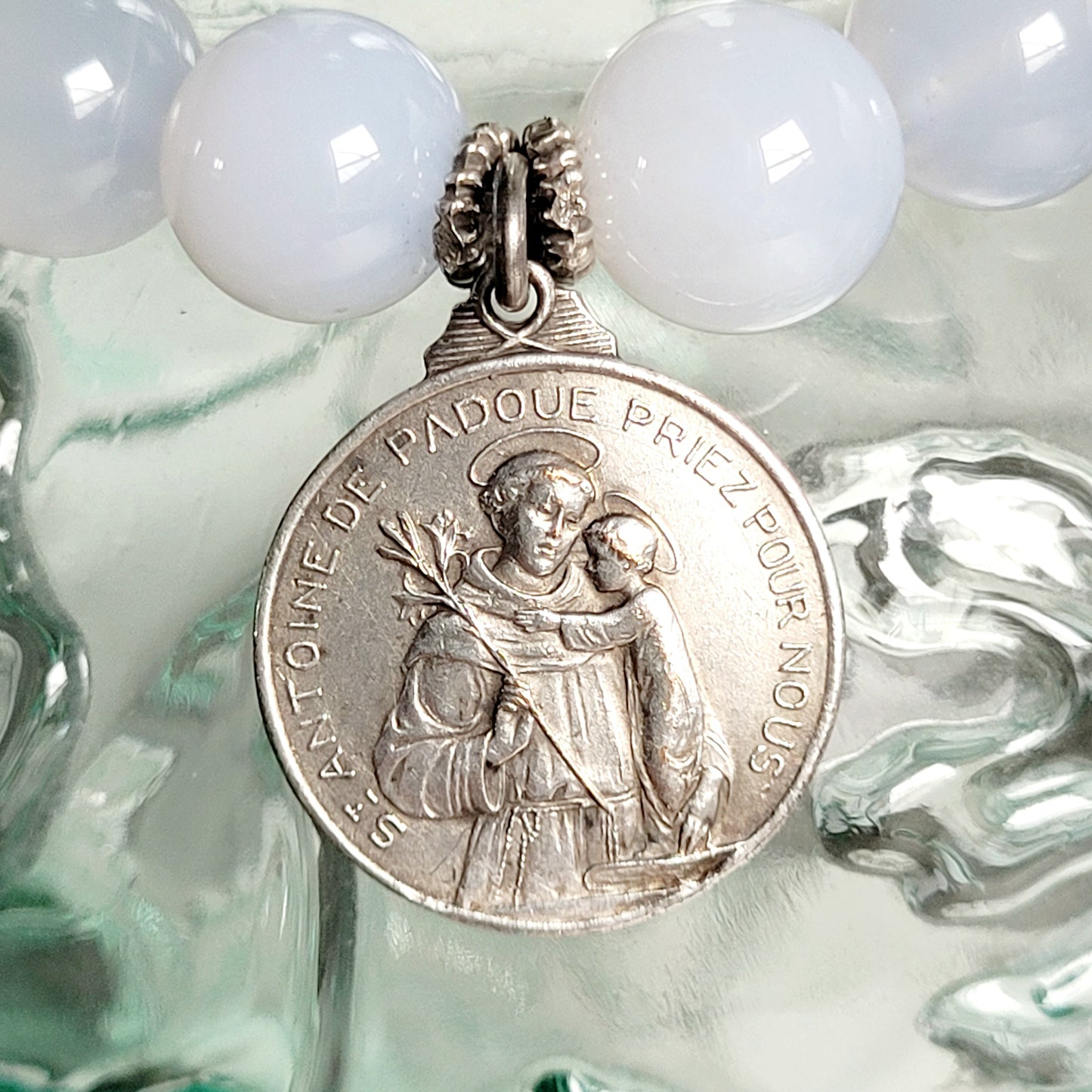 Moonstone Light Blue 12mm Beaded Bracelet w/ Large Silver Miraculous Medal of Mary