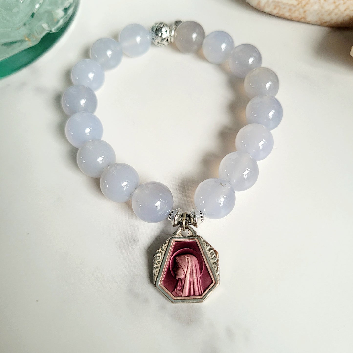 Moonstone Light Blue 12mm Beaded Bracelet w/ Silver Ruby Enameled Medal of Our Lady of Lourdes