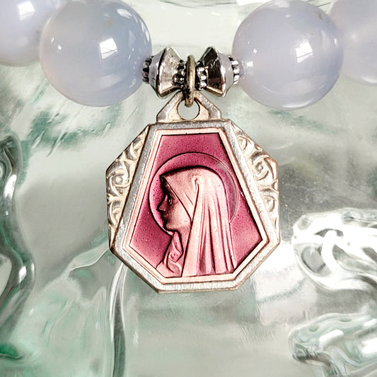 Moonstone Light Blue 12mm Beaded Bracelet w/ Silver Ruby Enameled Medal of Our Lady of Lourdes