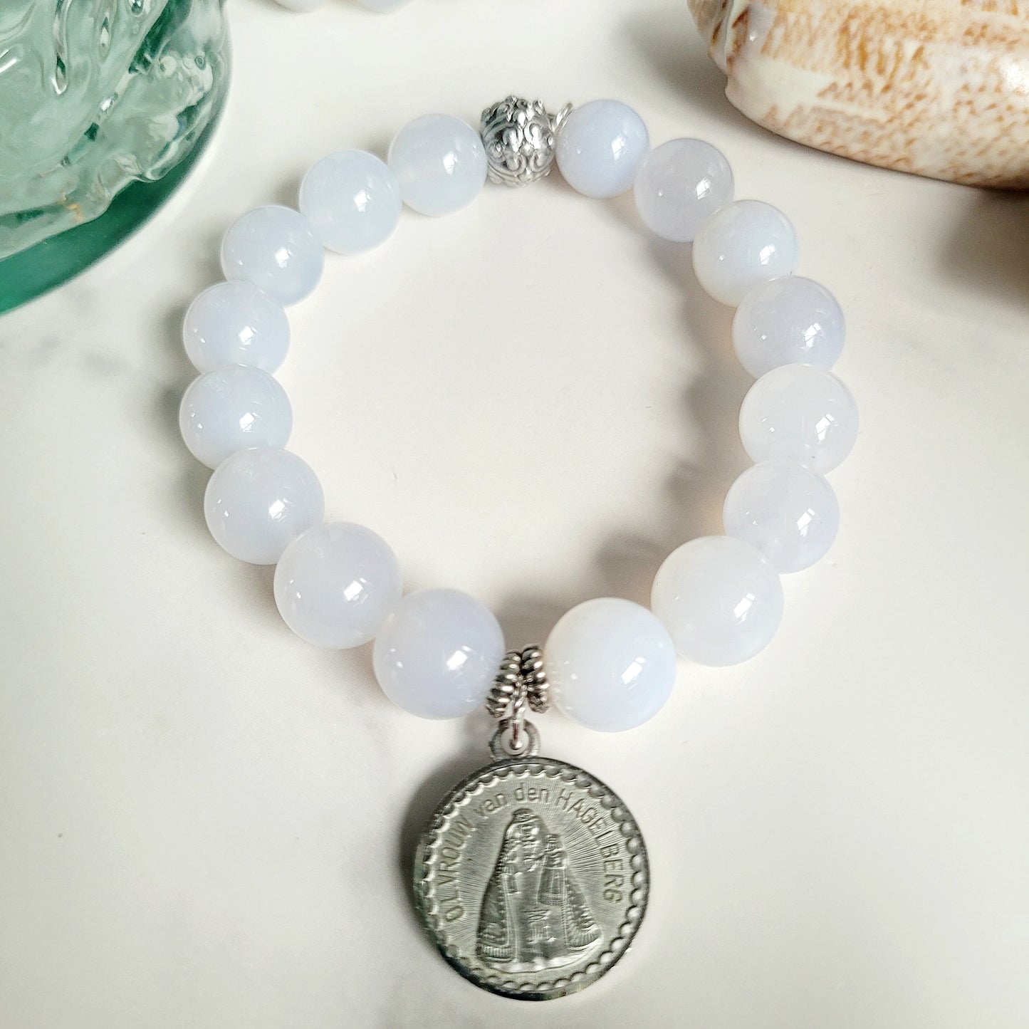 Moonstone Light Blue 12mm Beaded Bracelet w/ Silver Medal of Our Lady of the Hedge Mountain