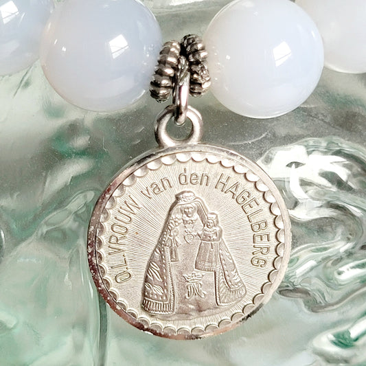 Moonstone Light Blue 12mm Beaded Bracelet w/ Silver Medal of Our Lady of the Hedge Mountain