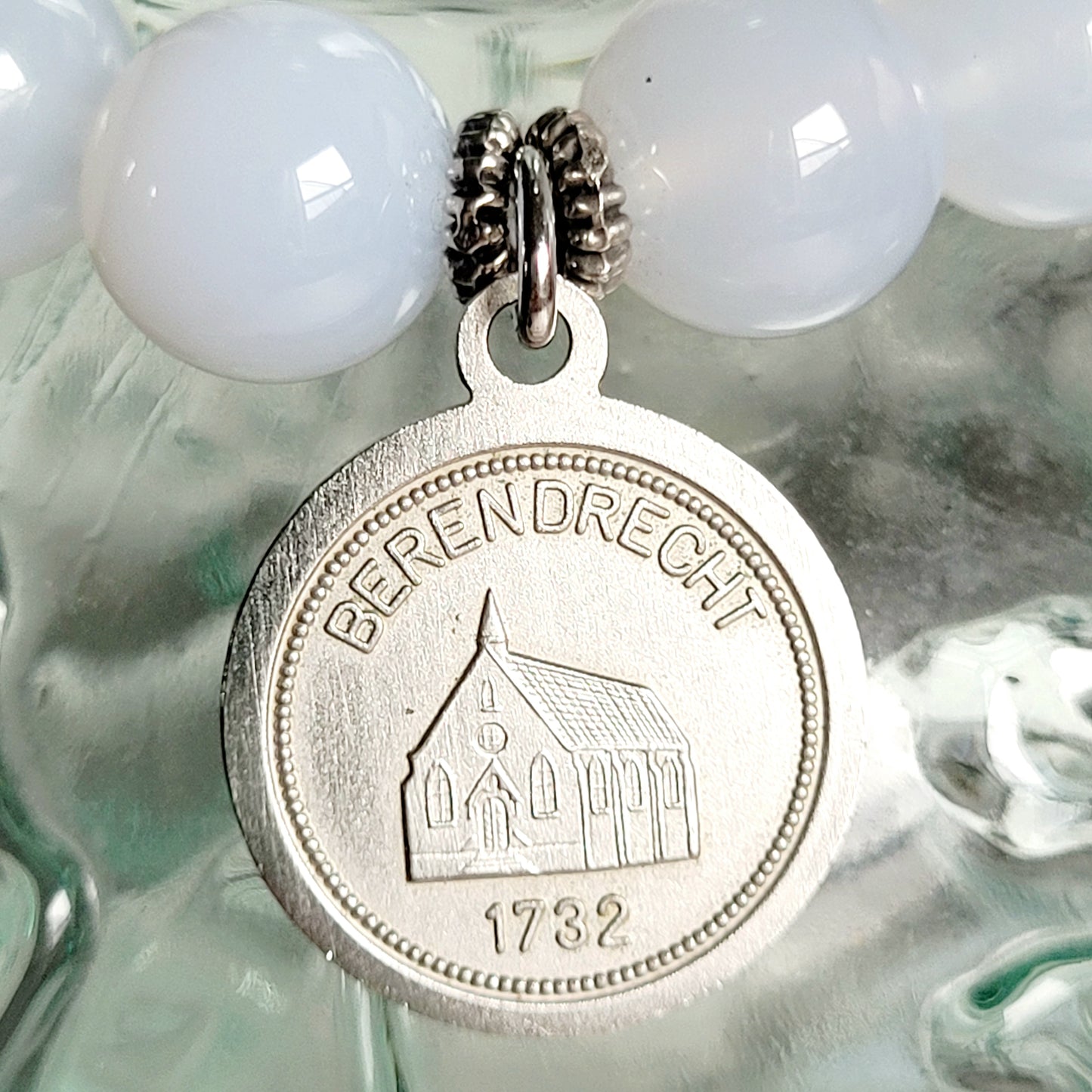 Moonstone Light Blue 12mm Beaded Bracelet w/ Silver Medal of Our Lady of the Hedge Mountain