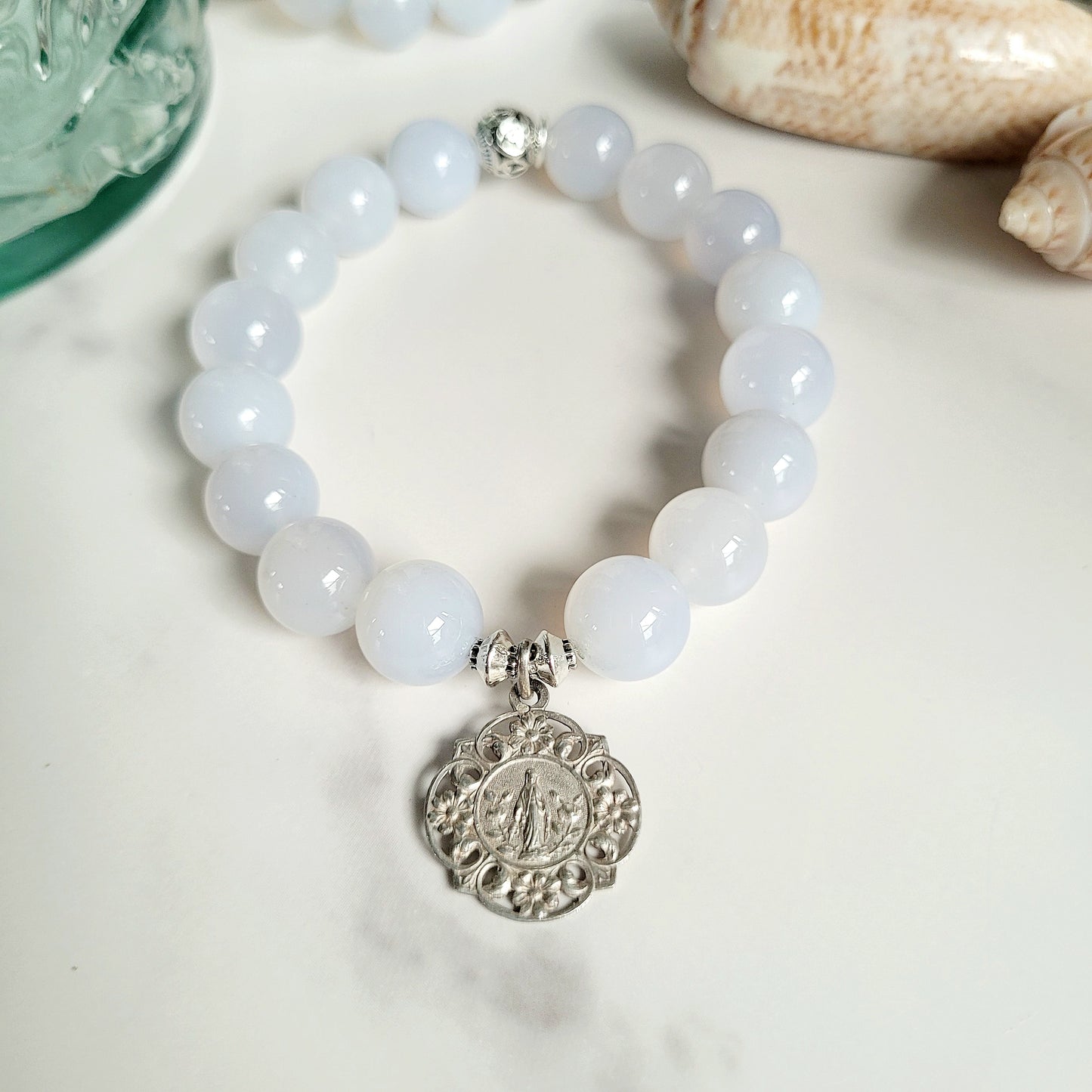 Moonstone Light Blue 12mm Beaded Bracelet w/ Signed Sterling Silver Art Nouveau Image of Mary
