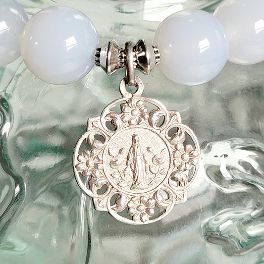 Moonstone Light Blue 12mm Beaded Bracelet w/ Signed Sterling Silver Art Nouveau Image of Mary